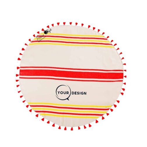 Flat round fouta towel in bright red and sunny yellow with pompoms Tunisia